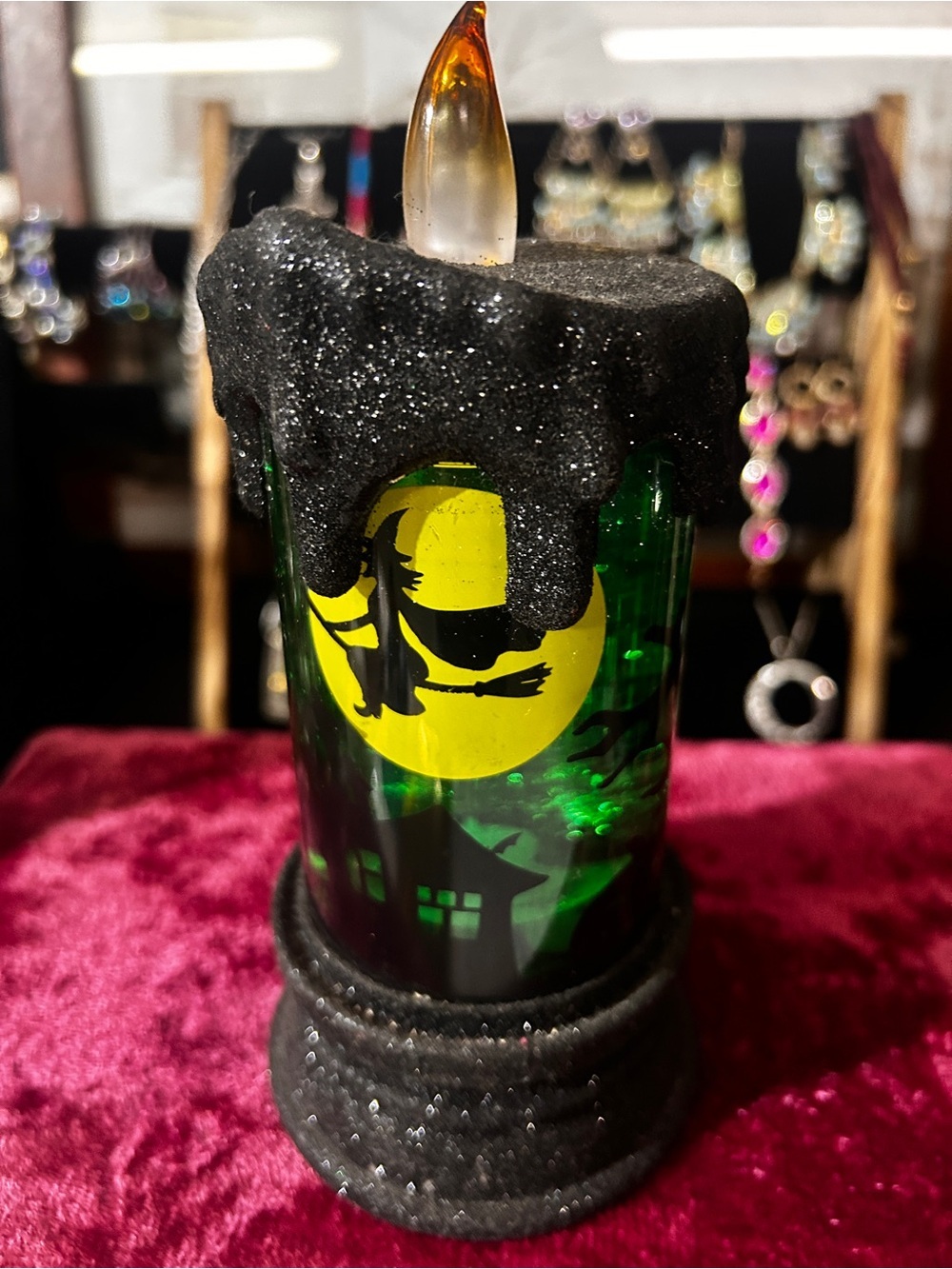 Green Halloween Witch LED Candle with Black Glitter Drip